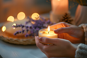 a person's hands lighting a scented candle, setting the mood for a calming and rejuvenating aromatherapy session - obrazy, fototapety, plakaty