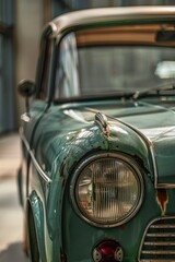 Close up of a vintage green car, ideal for automotive concepts