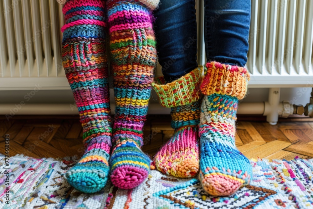 Wall mural A pair of feet in colorful knitted socks. Suitable for cozy winter themed designs