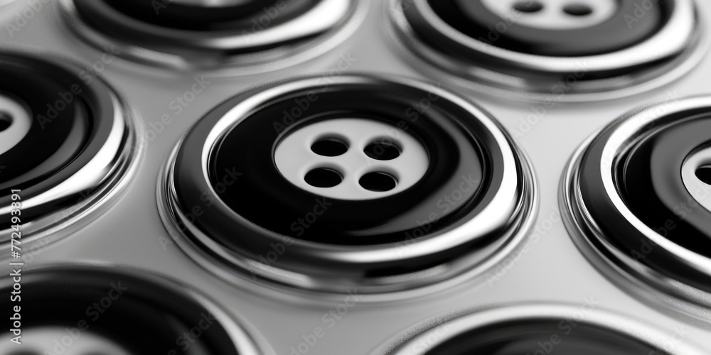 Poster a close up of a bunch of black and white buttons. suitable for fashion design projects