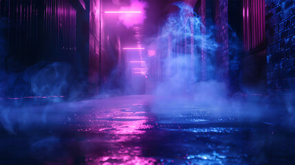 violet Neon illumination of the night narrow street, the light is reflected from the asphalt,...
