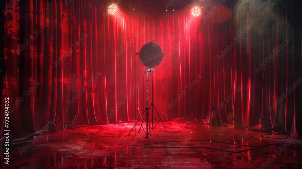 Poster a stage set with a red curtain and bright spotlights. ideal for theater or performance concept