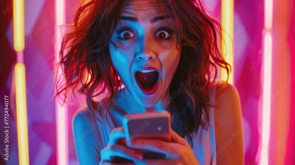Poster Woman with a surprised expression looking at a cell phone. Suitable for technology and communication concepts