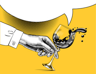 Female hand with with splashing wine in glass drawn in black and white vintage engraving and comic style on yellow background. Vector illustration