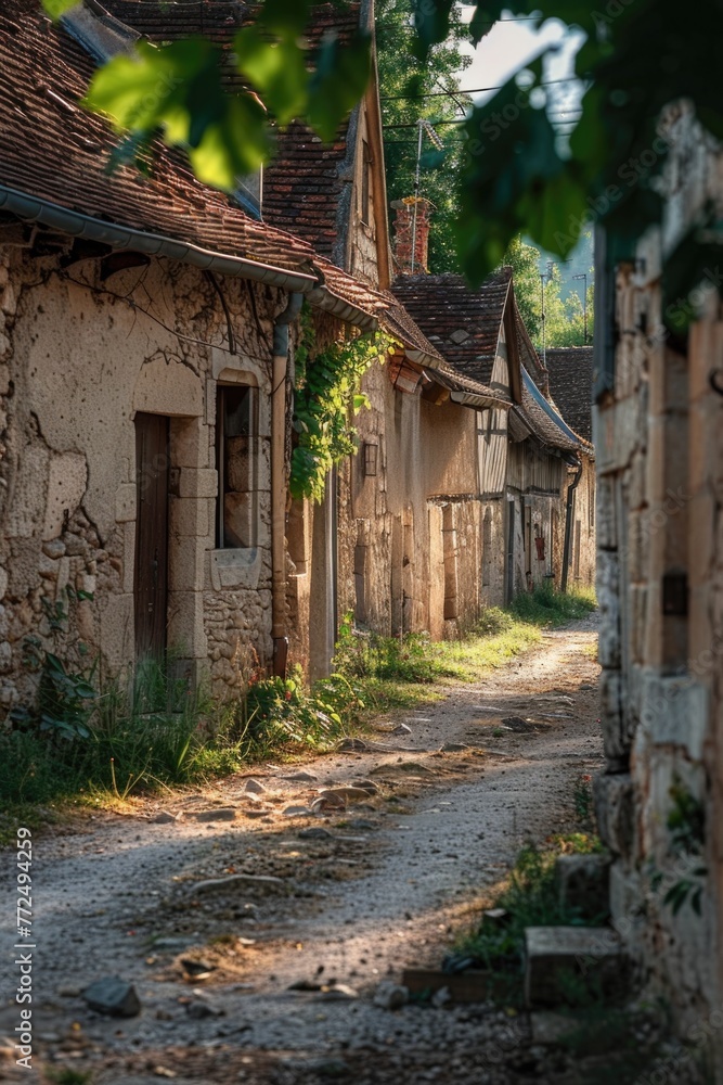 Aufkleber a scenic view of a dirt road in front of a stone building. ideal for travel and architecture concept