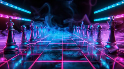 Neon chessboard with AI victory theme