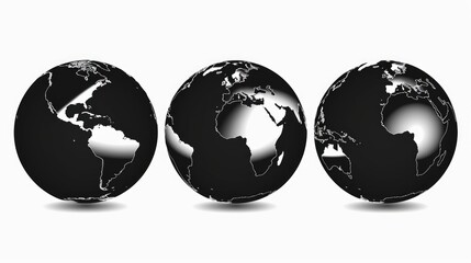 Three black and white earth globes on a white background. Suitable for educational or environmental concepts