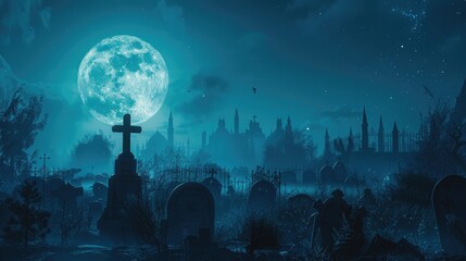 Eerie night scene with full moon shining over a cemetery. Suitable for Halloween themes