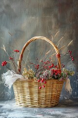 A wicker basket filled with red berries and branches, perfect for holiday decorations