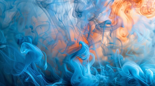 Layers of blue and orange smoke intertwine to create an abstract fluid formation, evoking the dynamic and ethereal nature of elements and the beauty of chemical reactions