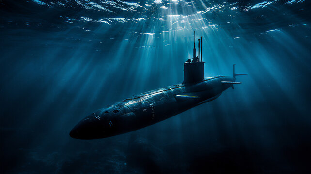A combat submarine plunges into the ocean depths on a military mission, a play of light underwater. 