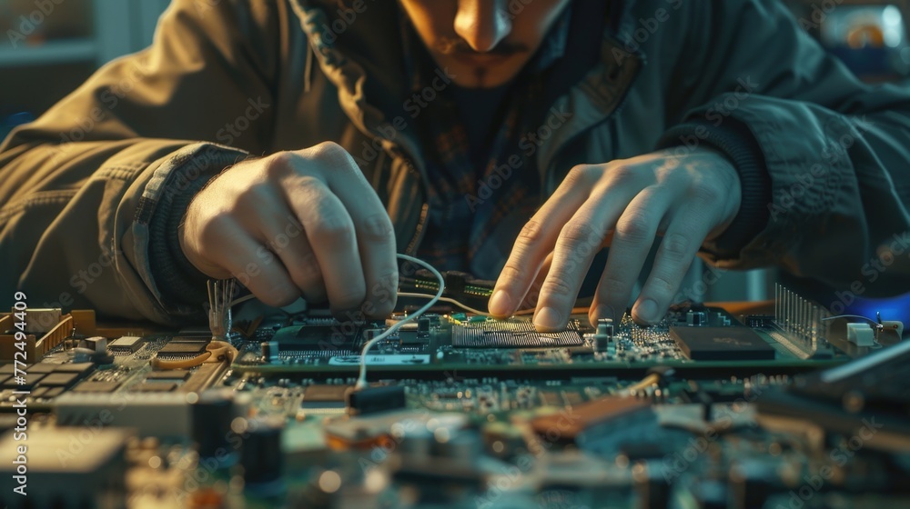 Poster a man carefully working on a computer motherboard. suitable for technology concept