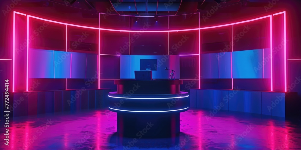 Poster a room illuminated by neon lights with a round table. ideal for modern interior design concepts