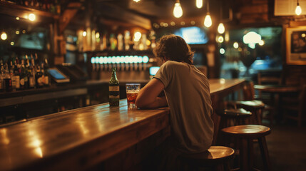 A man sits alone at a bar sipping a drink, a glass and bottle on the bar, dim lighting reflecting a mood of loneliness and sadness, an empty stool nearby, a symbol of loss - obrazy, fototapety, plakaty