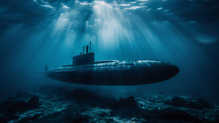A combat submarine plunges into the ocean depths on a military mission, a play of light underwater. 