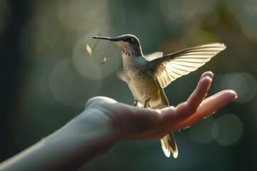 Fototapeta premium A beautiful hummingbird perched on a person's hand. Suitable for nature and wildlife concepts