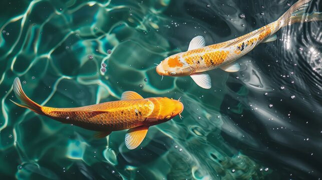 Two Golden Koi Fish In Crystal Clear Water, With Sunlight Creating A Shimmering Effect