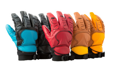 Five gloves in varying colors - red, blue, green, yellow, and purple - arranged in a captivating display