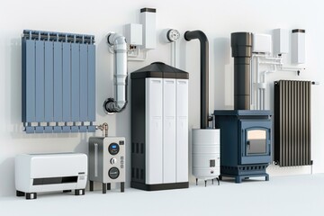 A group of different types of heating systems. Can be used in educational materials or home improvement brochures