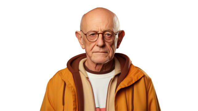 A bald man with glasses and a yellow jacket, sporting a hat, shows off his wood art sculptures at a fictional characterthemed event with a confident gesture on transparent