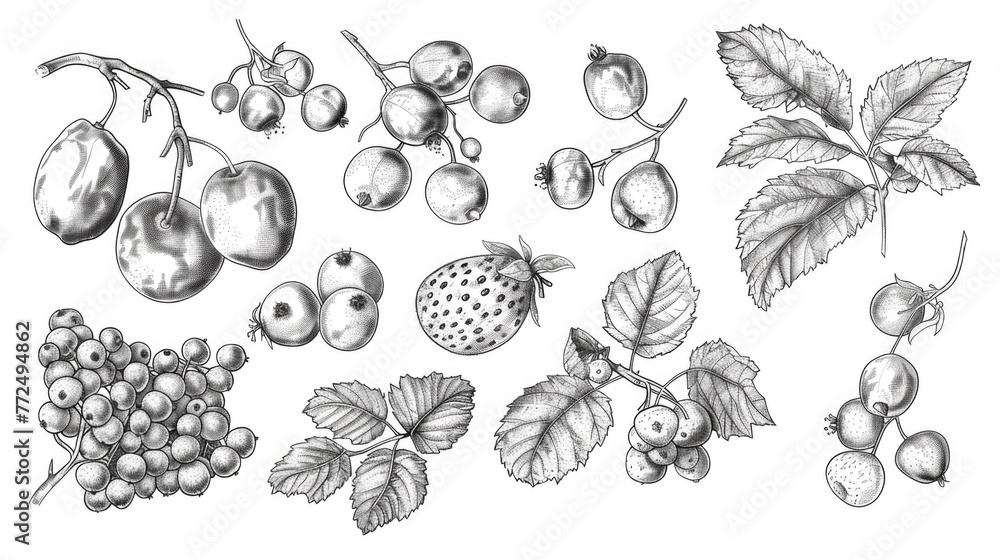 Poster various fruits and berries on a tree branch. suitable for food and nature concepts