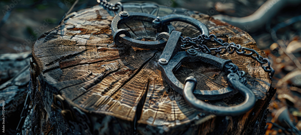 Poster pair of scissors sitting on top of a tree stump, suitable for various creative projects