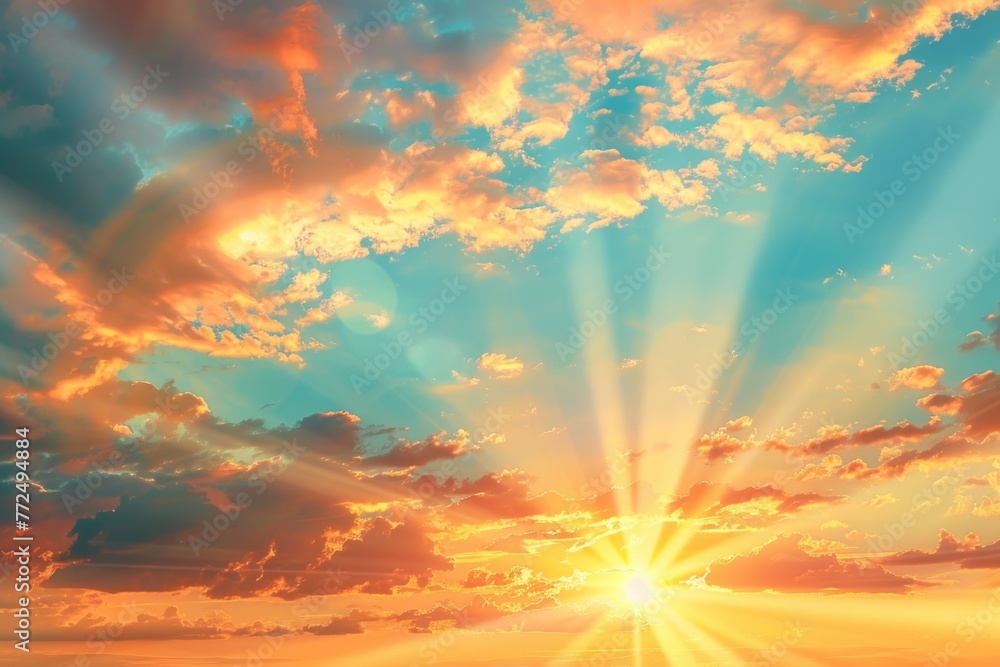 Poster bright sun rays shining through clouds over the ocean. perfect for travel and nature concepts