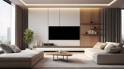 Naklejka na ściany i meble 8K TV Room modern minimalist living room with flat TV ,Modern and minimalist living room with 8K TV flat screen wall-mounted. Modern armchair , Generate AI