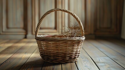 A wicker basket placed on a wooden floor. Ideal for home decor or rustic themes - obrazy, fototapety, plakaty