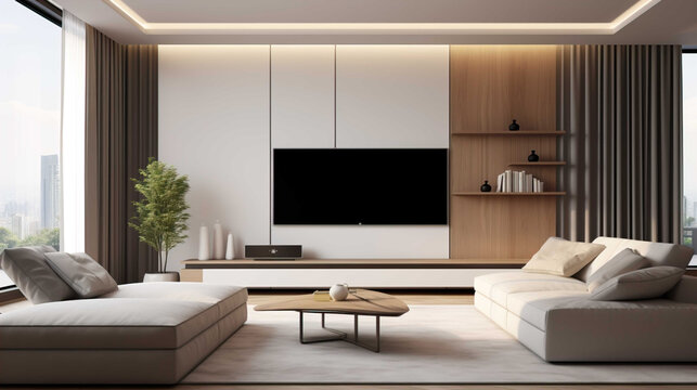 8K TV Room modern minimalist living room with flat TV ,Modern and minimalist living room with 8K TV flat screen wall-mounted. Modern armchair , Generate AI