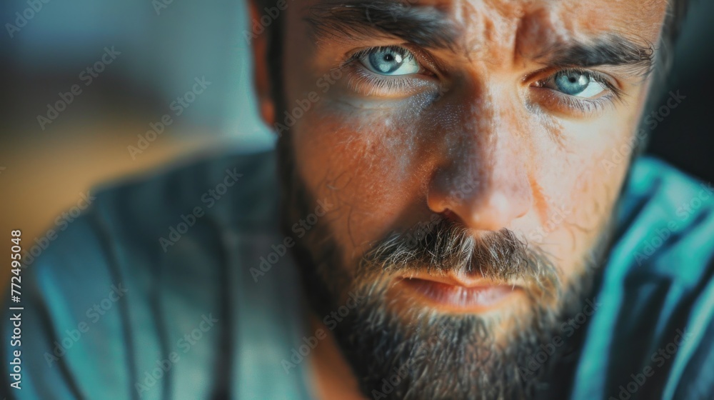 Poster a detailed shot of a man with a beard, suitable for various projects