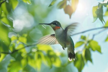 Fototapeta premium A beautiful hummingbird flying near a tree, perfect for nature lovers