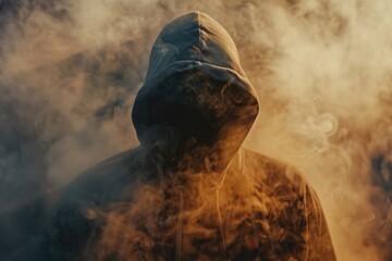 Person in a hoodie surrounded by smoke, suitable for mystery or suspense themes