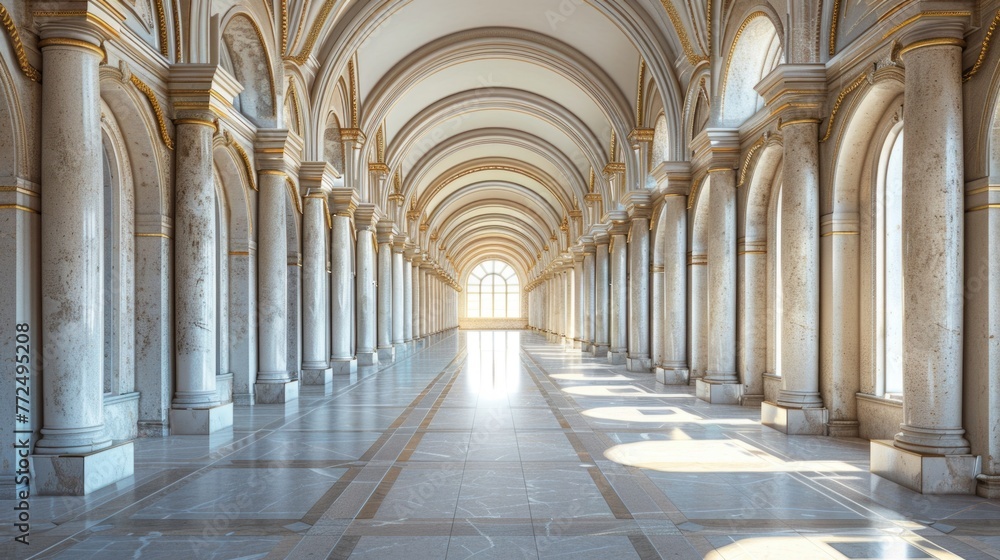 Aufkleber a long hallway with columns and a clock on the wall. suitable for office or institutional themes
