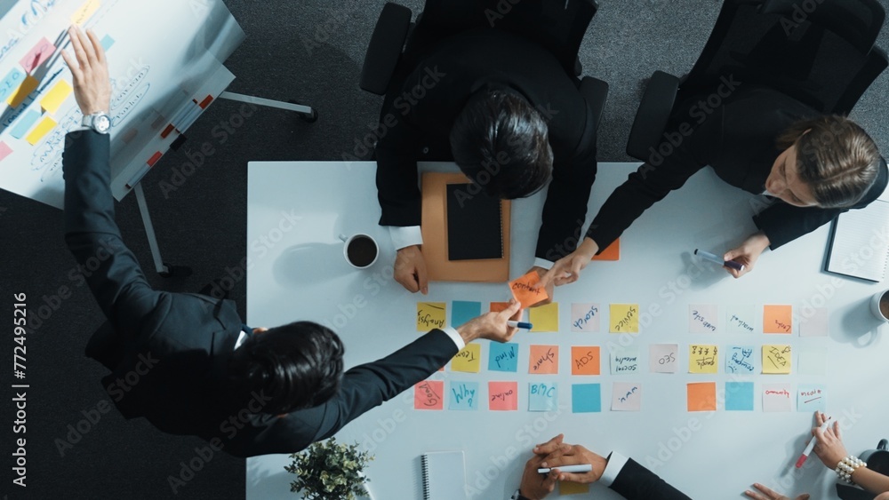 Aufkleber top down aerial view of business group sharing and brainstorming idea by using sticky notes at meeti