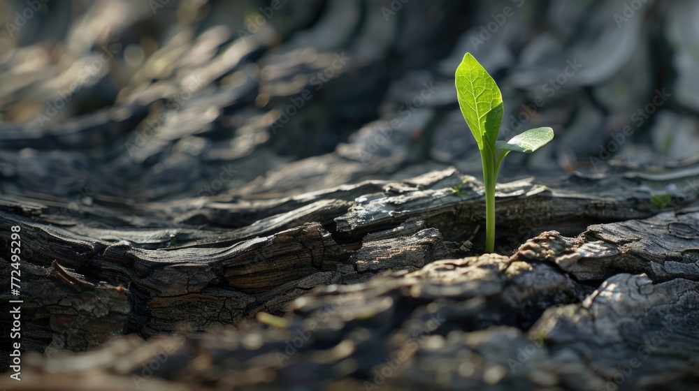 Poster a small plant sprouting from the bark of a tree. suitable for nature and growth concepts