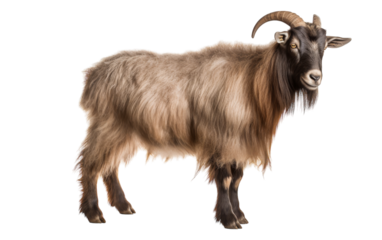 A majestic goat with long horns stands proudly against a white backdrop
