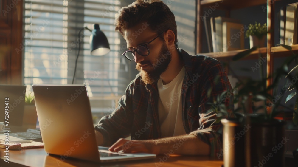Poster A man sitting at a desk using a laptop computer. Perfect for illustrating technology and remote work concepts