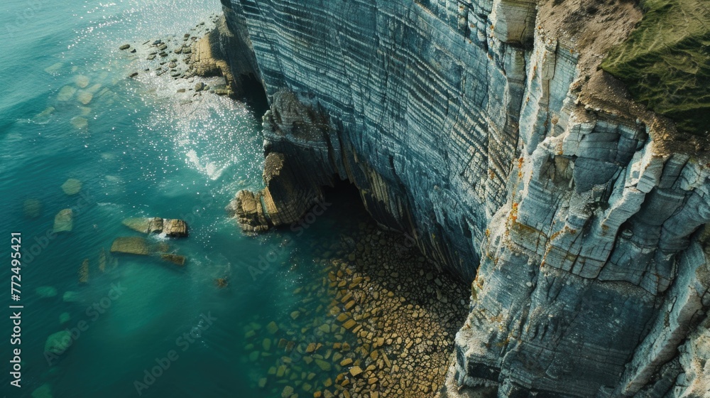 Poster a breathtaking aerial view of the ocean and cliffs. perfect for travel and nature concepts