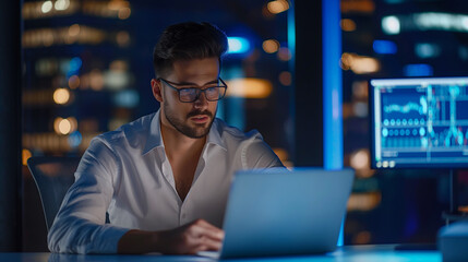 Fototapeta premium Young handsome businessman using laptop at his office desk. 