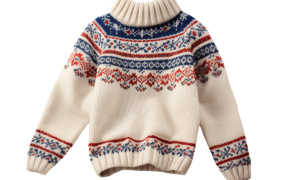 A white sweater adorned with a vibrant blue and red pattern, exuding elegance and style