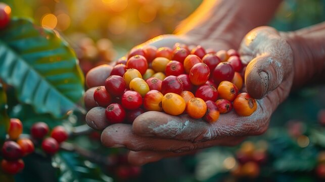 A vintage color photograph of coffee beans and a coffee plant in hands