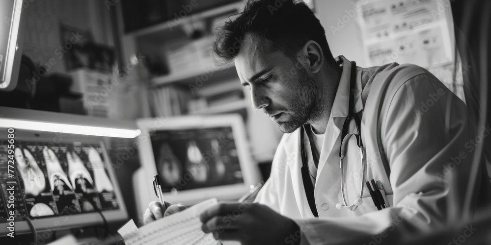 Poster a man in a lab coat writing on a piece of paper. ideal for scientific or educational concepts