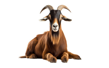 A majestic brown goat with long horns sits gracefully on the ground - Powered by Adobe
