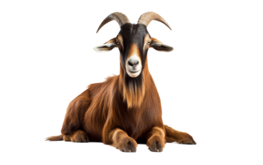 A majestic brown goat with long horns sits gracefully on the ground