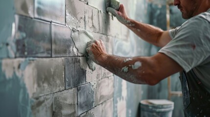 A man painting a brick wall, suitable for construction and renovation concepts