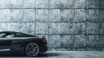 Modern black sports car parked in front of a concrete wall, suitable for automotive and urban...