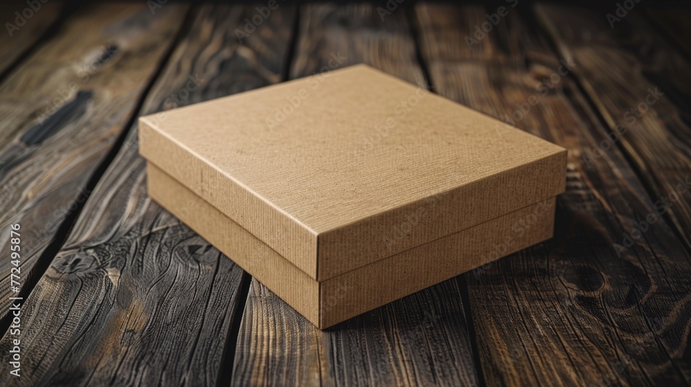 Poster a brown box sitting on top of a wooden table. suitable for packaging and storage concepts