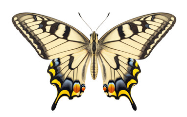 A vibrant yellow and black butterfly resting gracefully on a clean white canvas