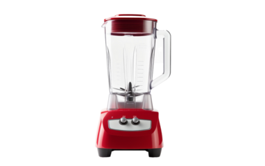 A vibrant red blender rests atop a sleek white table